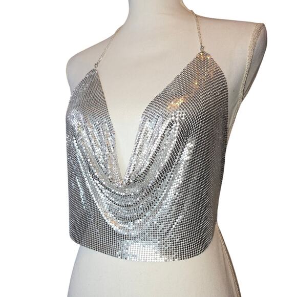 Y2K Cowl Neck Silver Mesh Chainmail Halter Top Backless Disco Edgy Fairycore - Picture 1 of 12